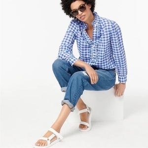 J Crew Classic-Fit Ruffle Popover in Crinkle Gingham Cobalt Blue White Size 00‎
